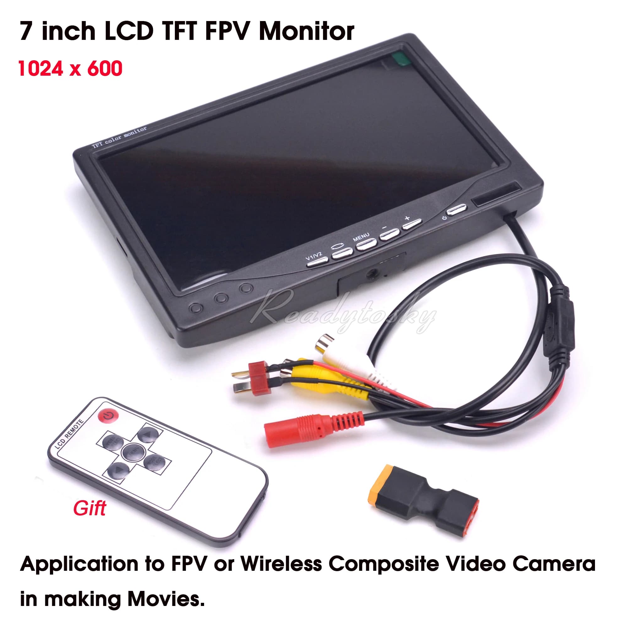 Nuovo 7 "FPV a colori 1024x600 FPV Monitor Video Schermo da 7 pollici per FPV RC Multicopter Frame Videocamera composita wireless