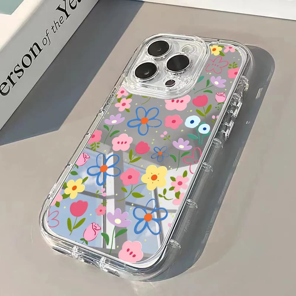 Korean Ins Style Floral Silver Mirror Phone Case For iPhone 17 Pro Max 15 16 14 13 12 11 7 8 Plus Pro 17 Air XR X Max Soft Cover