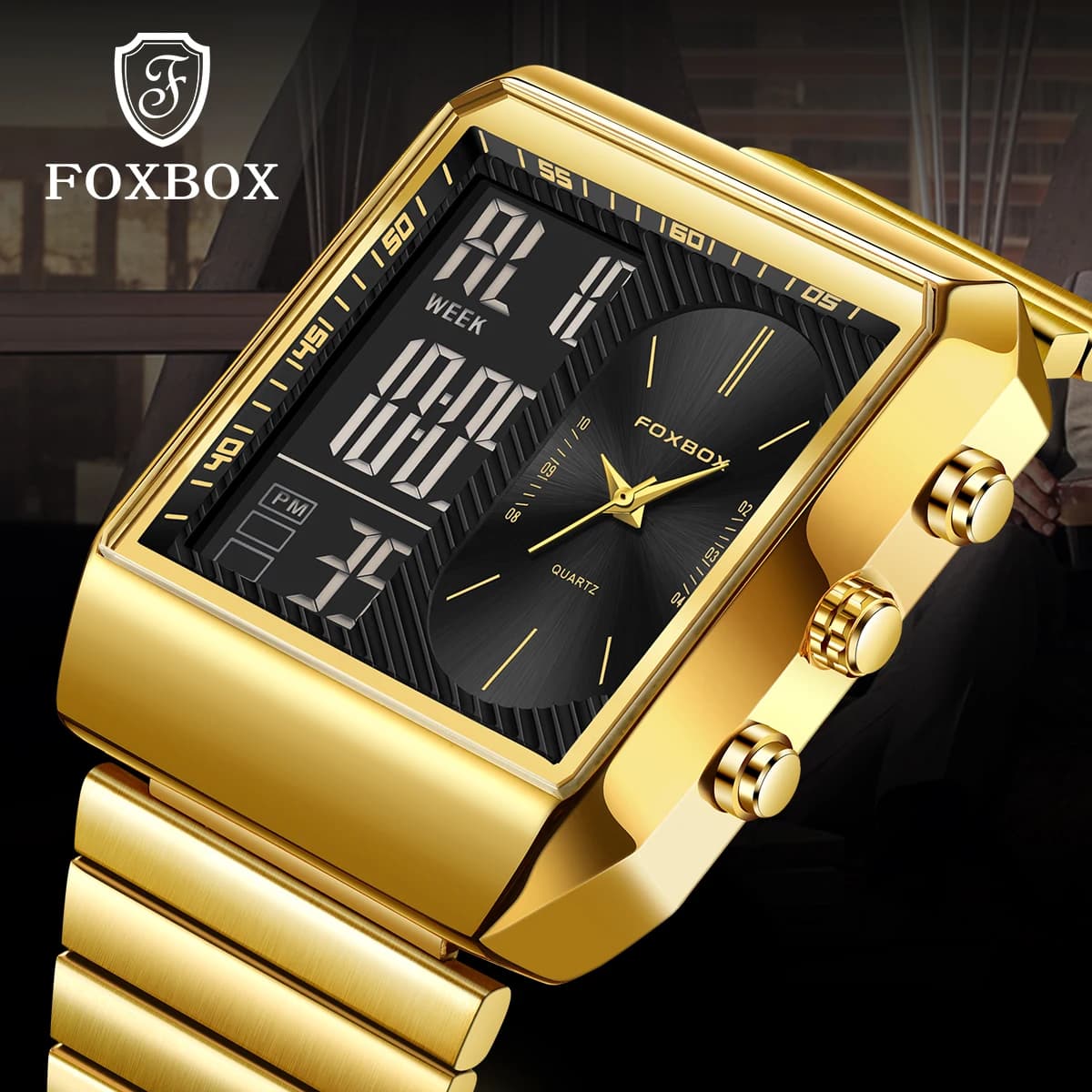 Orologio creativo FOXBOX da uomo, orologio al quarzo quadrato dorato alla moda, orologio sportivo casual da uomo con LED, cronografo impermeabile, Relogio Masculino
