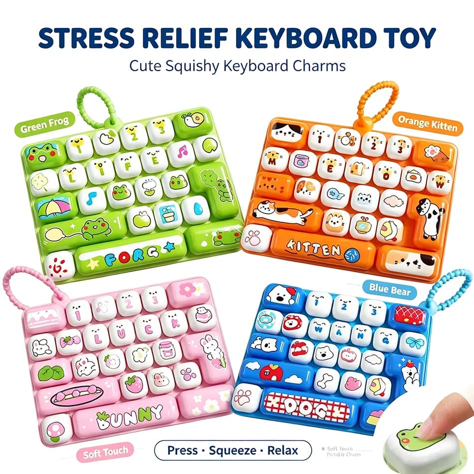 Portable squishy keyboard stress relief toy; cute rabbit, frog, and cat animal shaped toy; press-to-decompress keyboard keychain