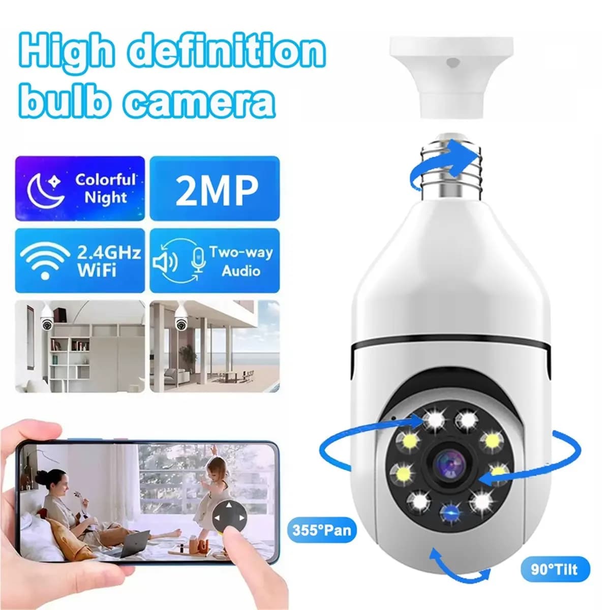 (BAAY) Telecamera di Sorveglianza WiFi E27 con Visione Notturna 2.4G, Tracciamento Automatico delle Persone, Monitoraggio Video di Sicurezza per Bambini