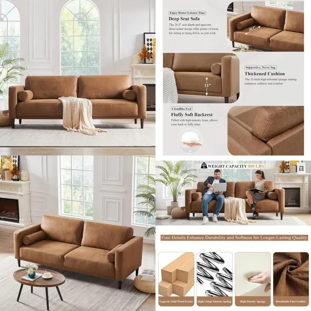 HIFIT modern sofa Mid-Century 79, 3-seat breathable eco-leather sofa with cushions and padded cushions