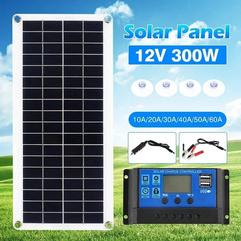 Pannello solare flessibile da 300 W Caricabatteria da 12 V Dual USB con controller 10A-60A Celle solari Accumulatori e caricabatterie di riserva per telefono Auto Yacht RV