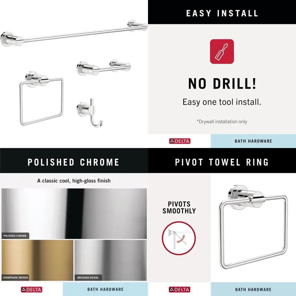 Set di accessori per il bagno da 4 pezzi: 18-24 pollici. Portasciugamani, Portarotolo, Anello e Gancio in Cromo Lucido