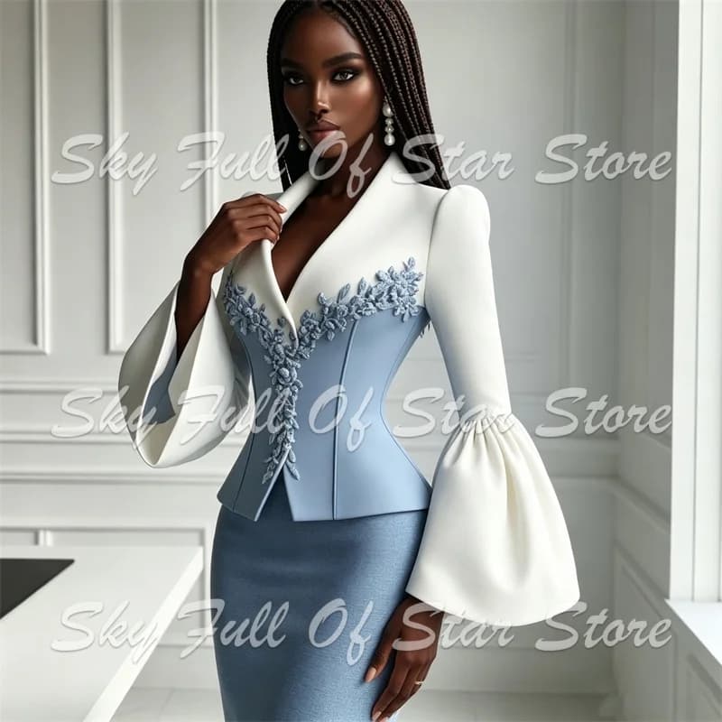 Women Suit Set 2 Pcs White Blue 3D Floral Applique Bell Sleeve Corset Blazer & Midi Pencil Skirt Custom Formal Party Lady Outfit