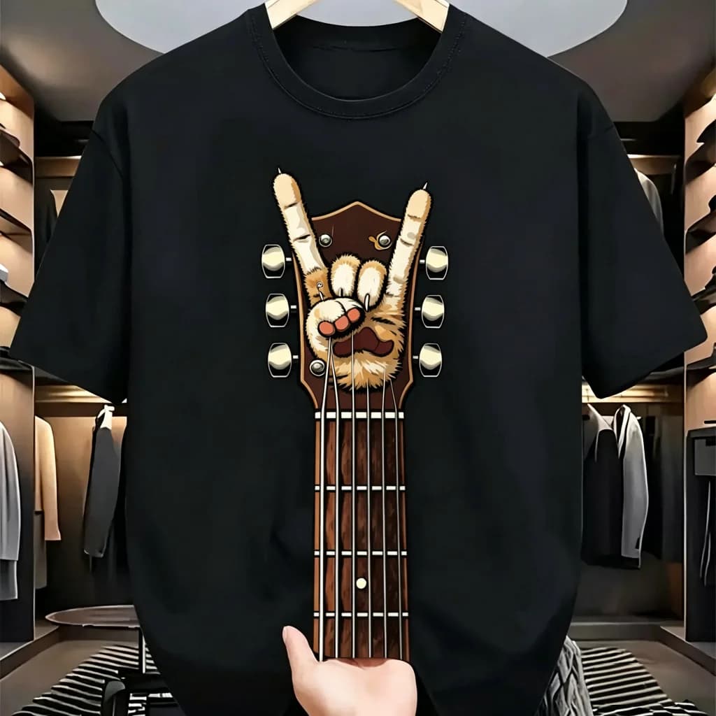 Men's Black Cotton T-Shirt Cat Paw Rock Guitar Print Casual Short Sleeve O-Neck Funny Music Lover Graphic Tees