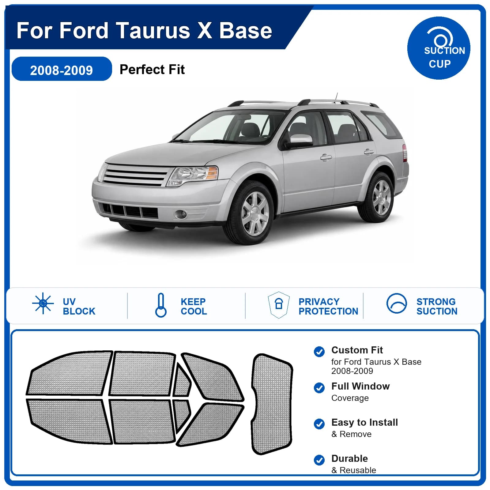 For Ford Taurus X Base 2008-2009 Custom Full Set Windshield Sun Shade Aluminum Foil Heat Insulation Anti UV Foldable