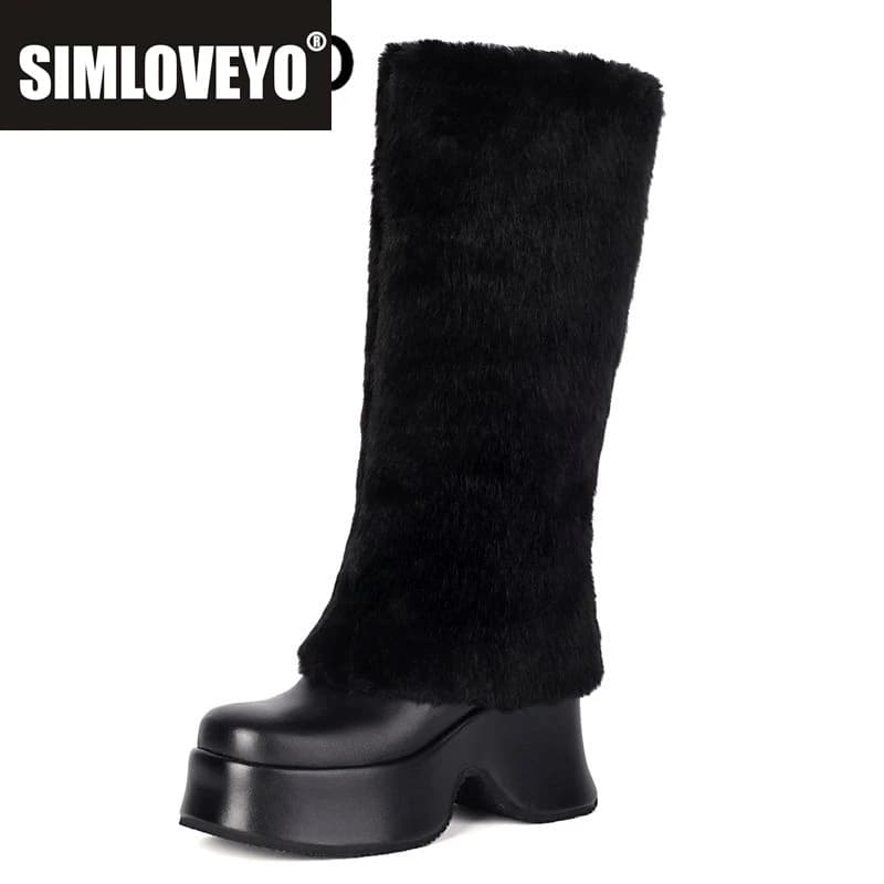 SIMLOVEYO Fashion Women Snow Boots Square Toe Chunky Heels 8cm Platform 4cm Slip On Mixed Plus Size 41 42 43 Sexy Party Booties