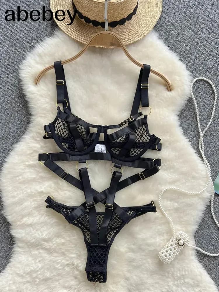 Body sexy in rete con scollo a V profondo e fasciatura con spalline per le donne Bretelle Bustier in plastica Corsetto aderente Crotchless Body Suit