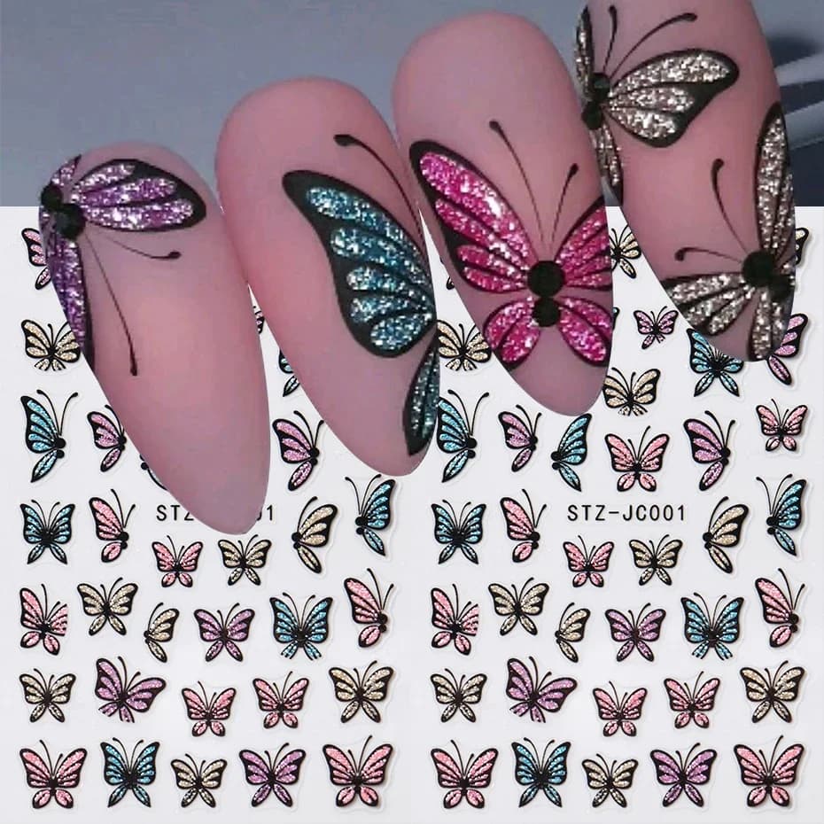 Adesivi per Unghie con Farfalle Glitterate, Decorazioni 3D Lucide Blu e Rosa, Stickers Autoadesivi per Nail Art, Decorazioni per Manicure-XY