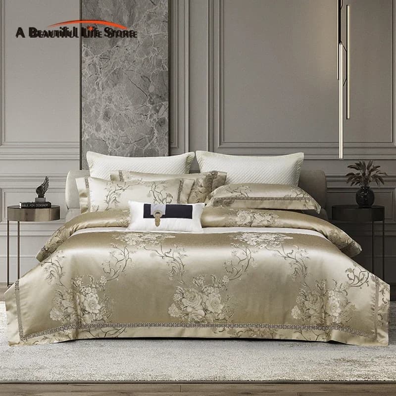Set of Egyptian cotton bedding, satin Jacquard luxury peony flowers, soft and silky duvet cover, sheet or bedspread, pillowcase