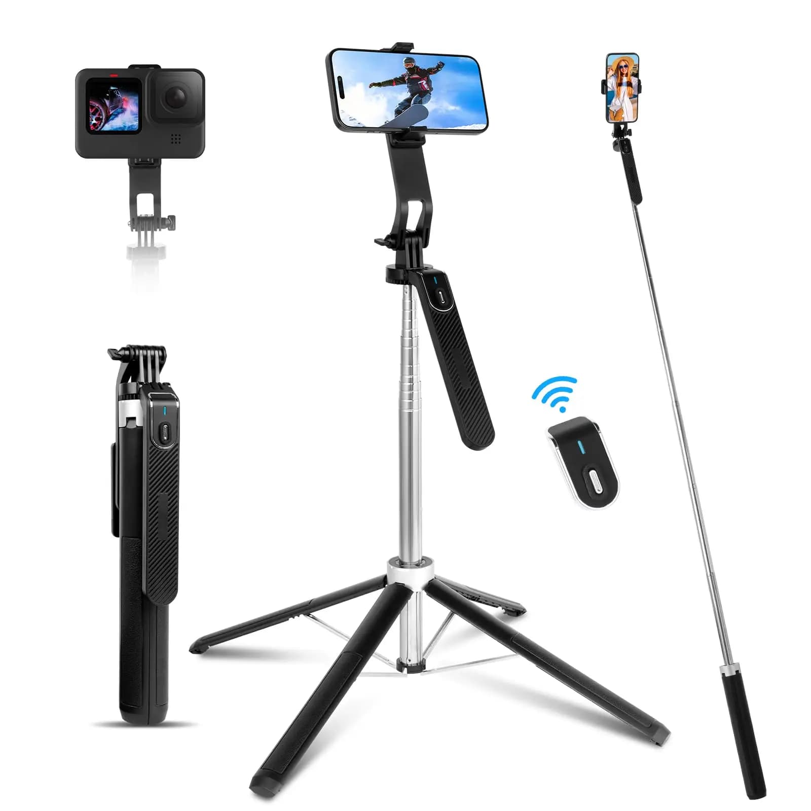 Treppiede per telefono cellulare allungabile con treppiede quad per selfie stick da 180 cm 360 ° Rotazione compatibile con iPhone Android Phone, fotocamera