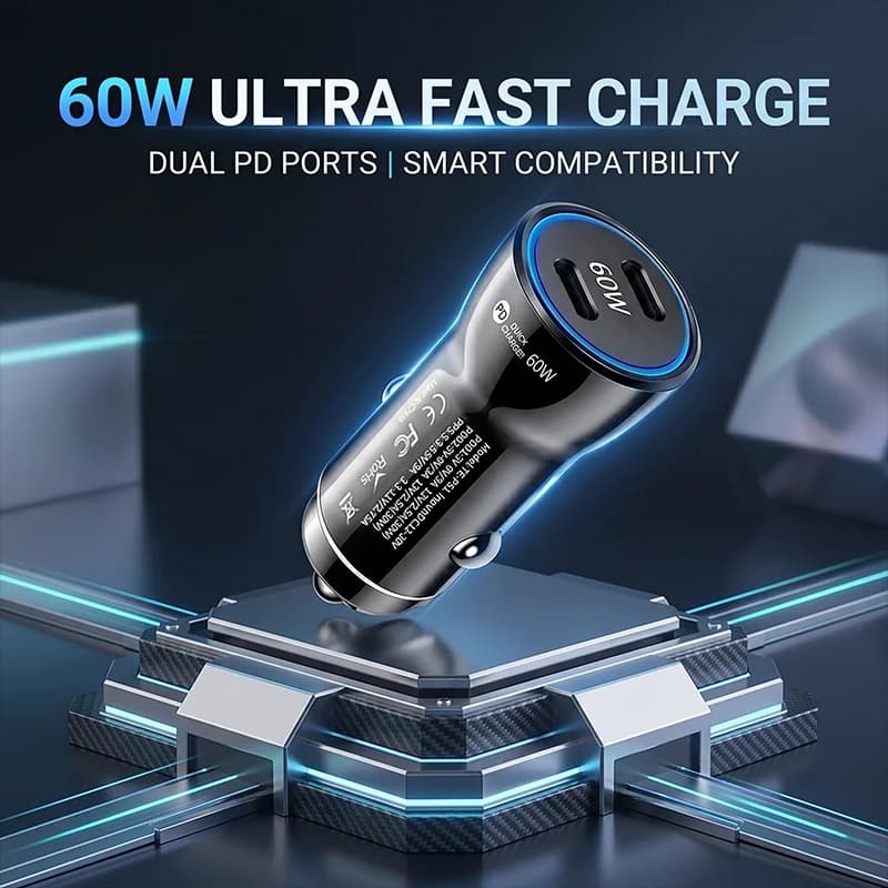 Caricabatterie da auto 60W con doppia porta USB-C, ricarica rapida PD, adattatore di alimentazione per telefono, tablet, dash cam, GPS, connettore per veicoli, stabile, anti-vibrazione, LED blu