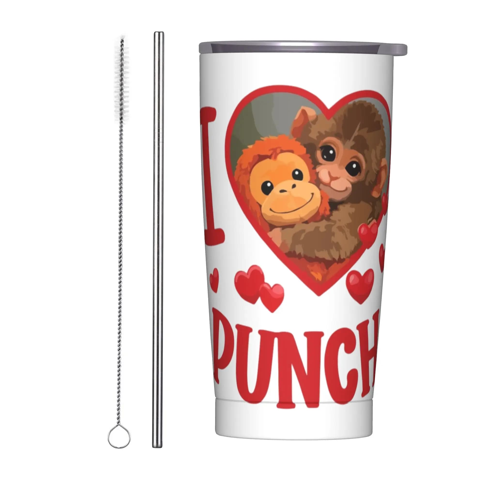 Tazza Termica Isolata Sottovuoto I Love Punch con Coperchio e Cannuccia, Design Scimmietta Carina e Cuore, per Auto, Bevande Calde e Fredde