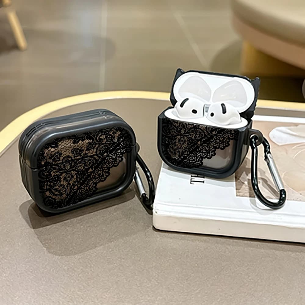 Elegante custodia protettiva in pizzo nero per AirPods Pro 3/Pro 2/Pro, custodia per auricolari AirPods 4/3/2/1, cover antiurto in TPU per auricolari.