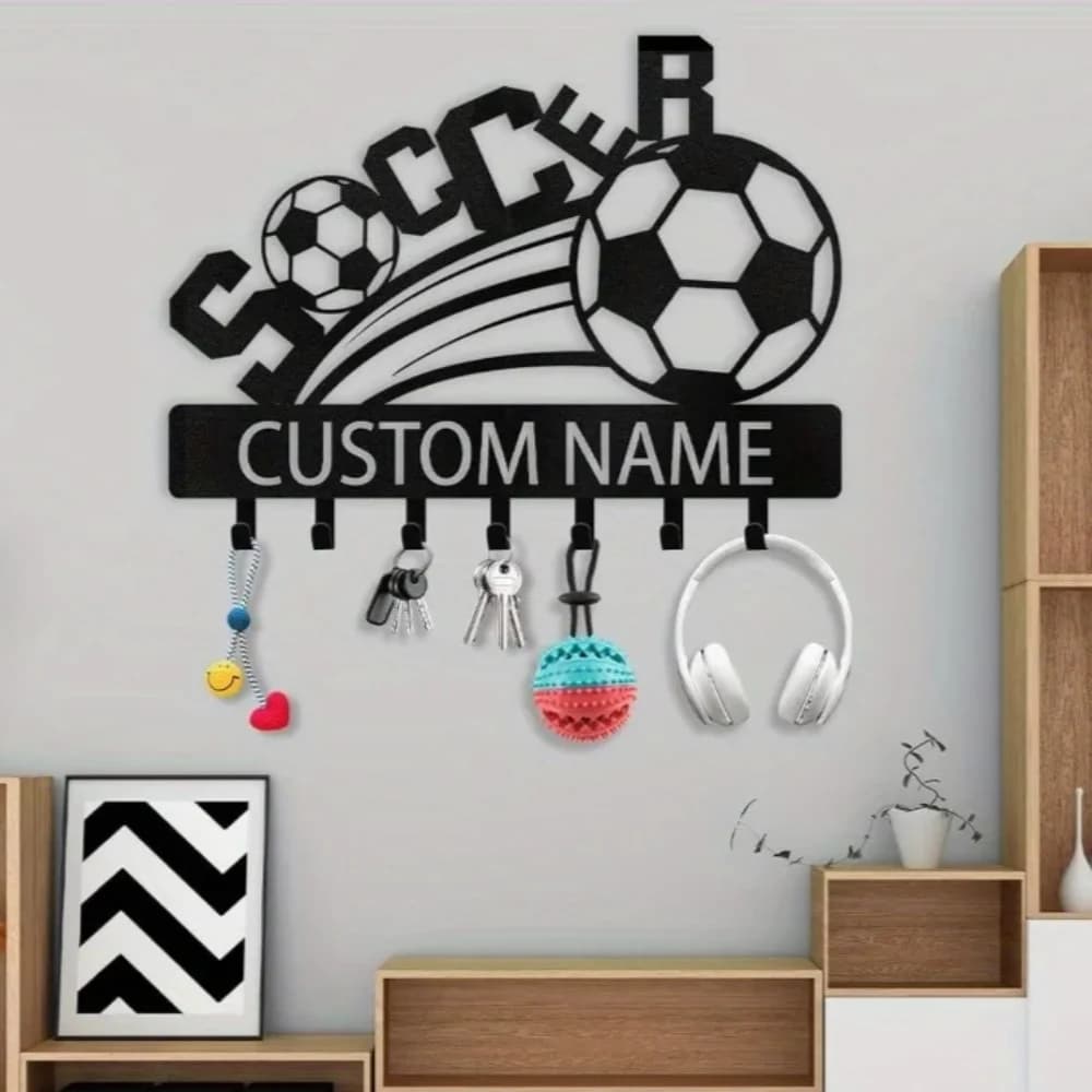 Portachiavi personalizzato a tema calcio, supporto da parete con nome personalizzato, ganci per chiavi, organizer, portaoggetti decorativo in metallo per porta