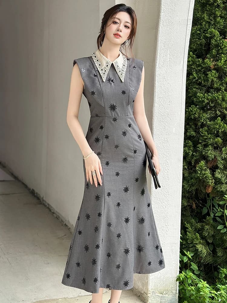 Women's Clothing Grey Sequins Embroidery Ripple Fish Coda Long Dress Elegant Luxury Lady Dresses Dresses Casual Occasion formal New