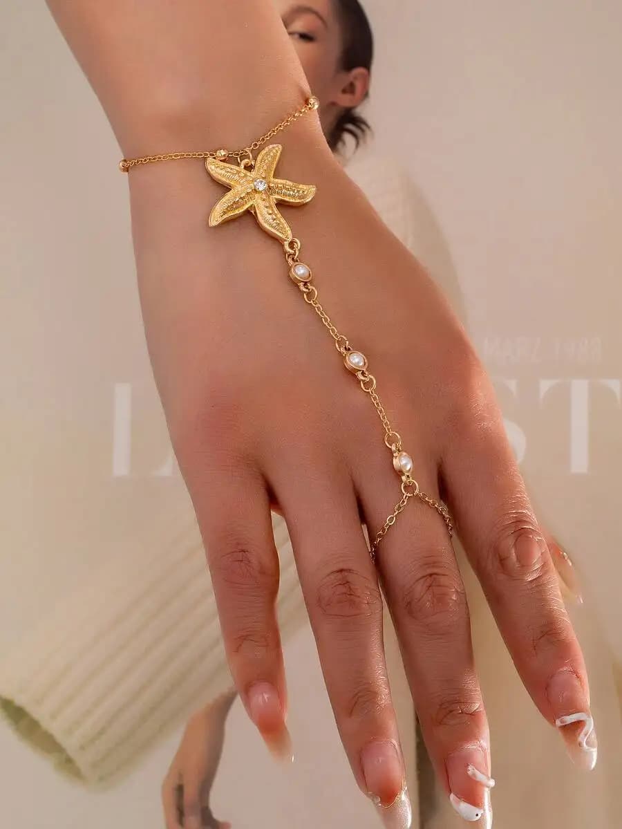 1pc Fashionable Minimalist Starfish Pearl Beaded Midi Rings Bracelet, Everyday Women Accessories, Size As Primary Basis, Exact B