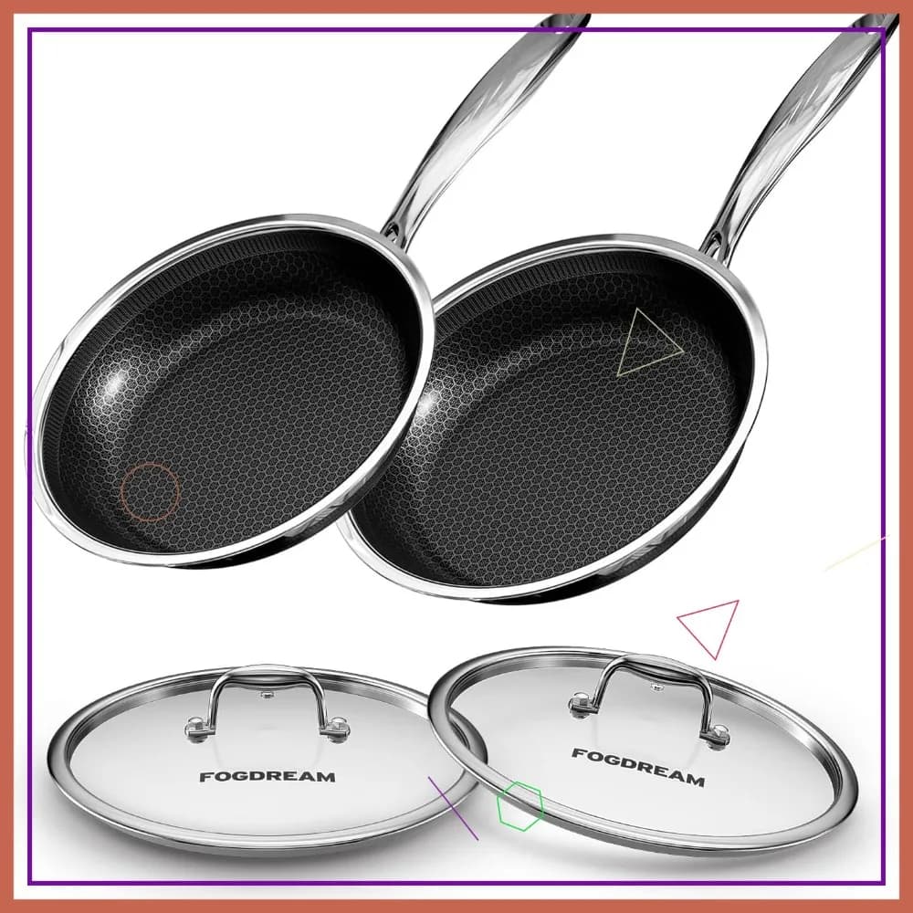 2 Anti-stick pans with Covers, 10 and 11 Inches, stainless steel for All Cooking Plans, Washable in Dishwasher and Oven Suitable