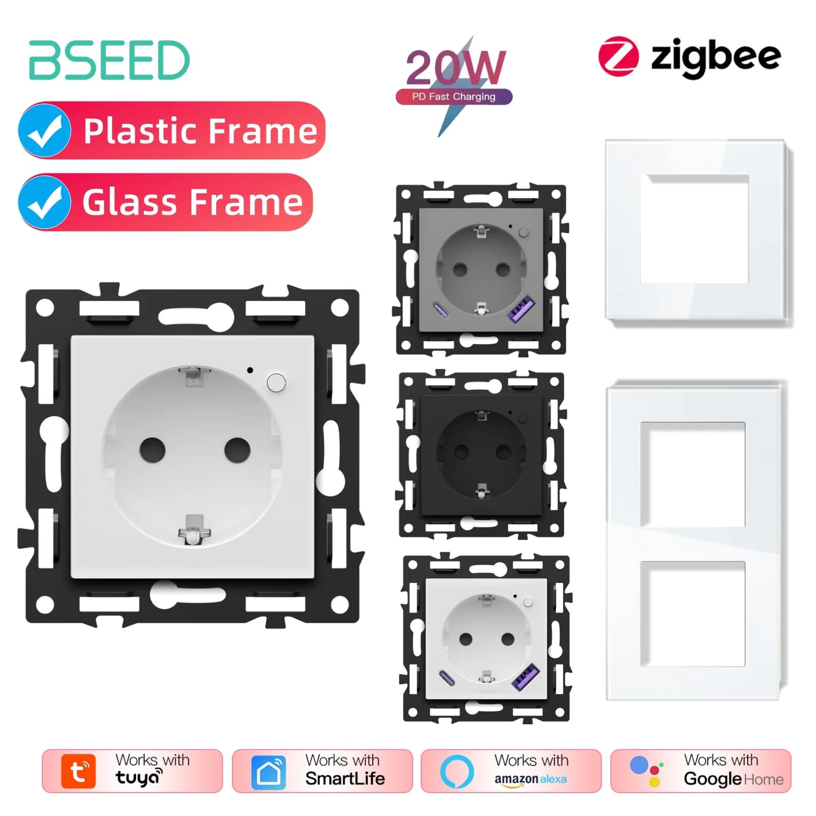 BSEED Presa Zigbee intelligente UE Cornice in plastica/vetro Controllo APP Potenza Funzione elettrica Presa a muro per presa a muro per Smart Life