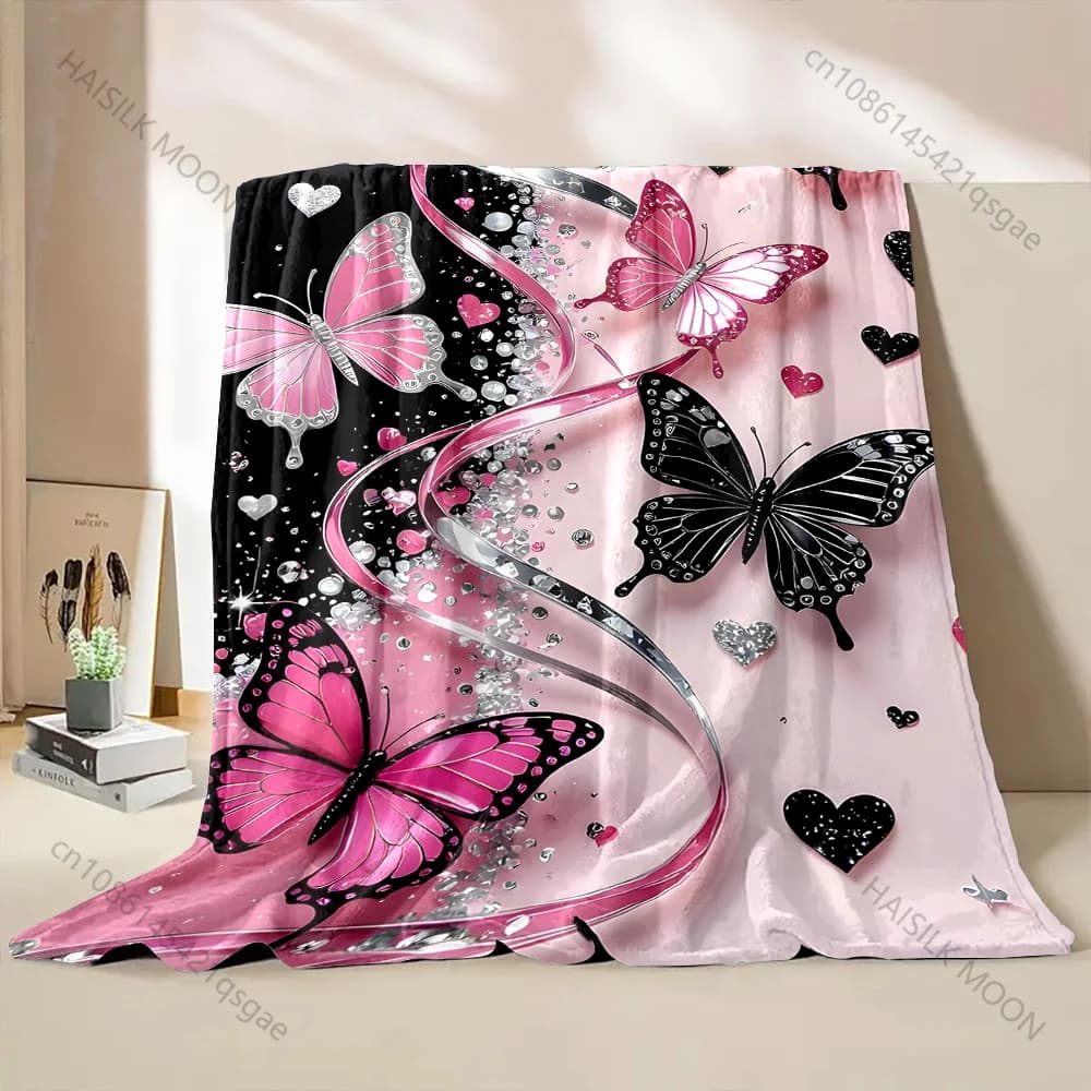 1 coperta con stampa di farfalle e cuori rosa e neri, calda, morbida e soffice, per bambini e adulti, per divano letto, per casa e viaggi