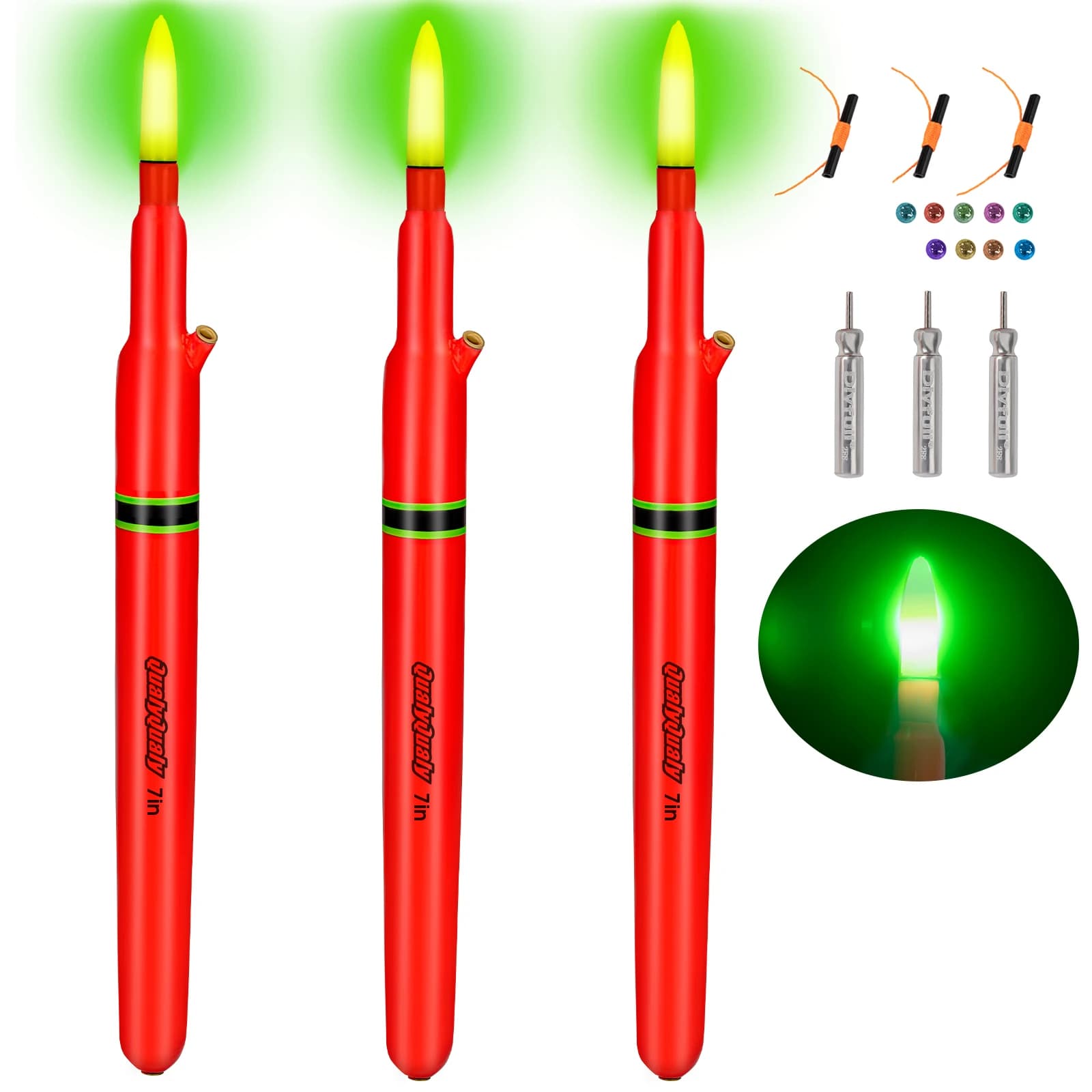 3 Galleggianti da Pesca Illuminati a LED, Galleggianti Elettronici Appesantiti da 7, 10 e 12 Pollici, Bobber in Legno per Canne da Pesca, per Pesci Gatto e Grandi Esche