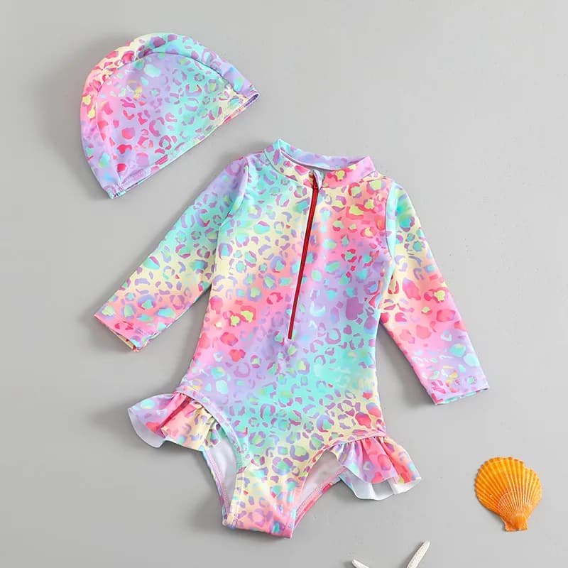 Costume da bagno intero per bambine da 1-6 anni, a maniche lunghe, con protezione UV, con orlo arricciato + cappuccio da nuoto