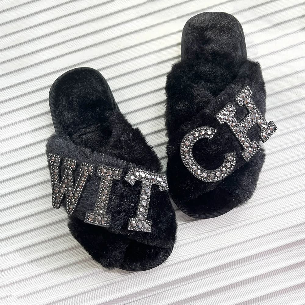 Goth Witch Black fluffy slippers Gothic Fall Halloween eve home door Bathroom Bedroom Decoration sign costume Accessories Gift