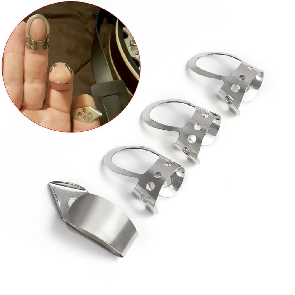 4 pezzi Plettri da dito Tono Musica sorda Plettri in metallo Fingerstyle Plettro per chitarra per Banjo Dobro Risonatore Accessori per chitarra acustica
