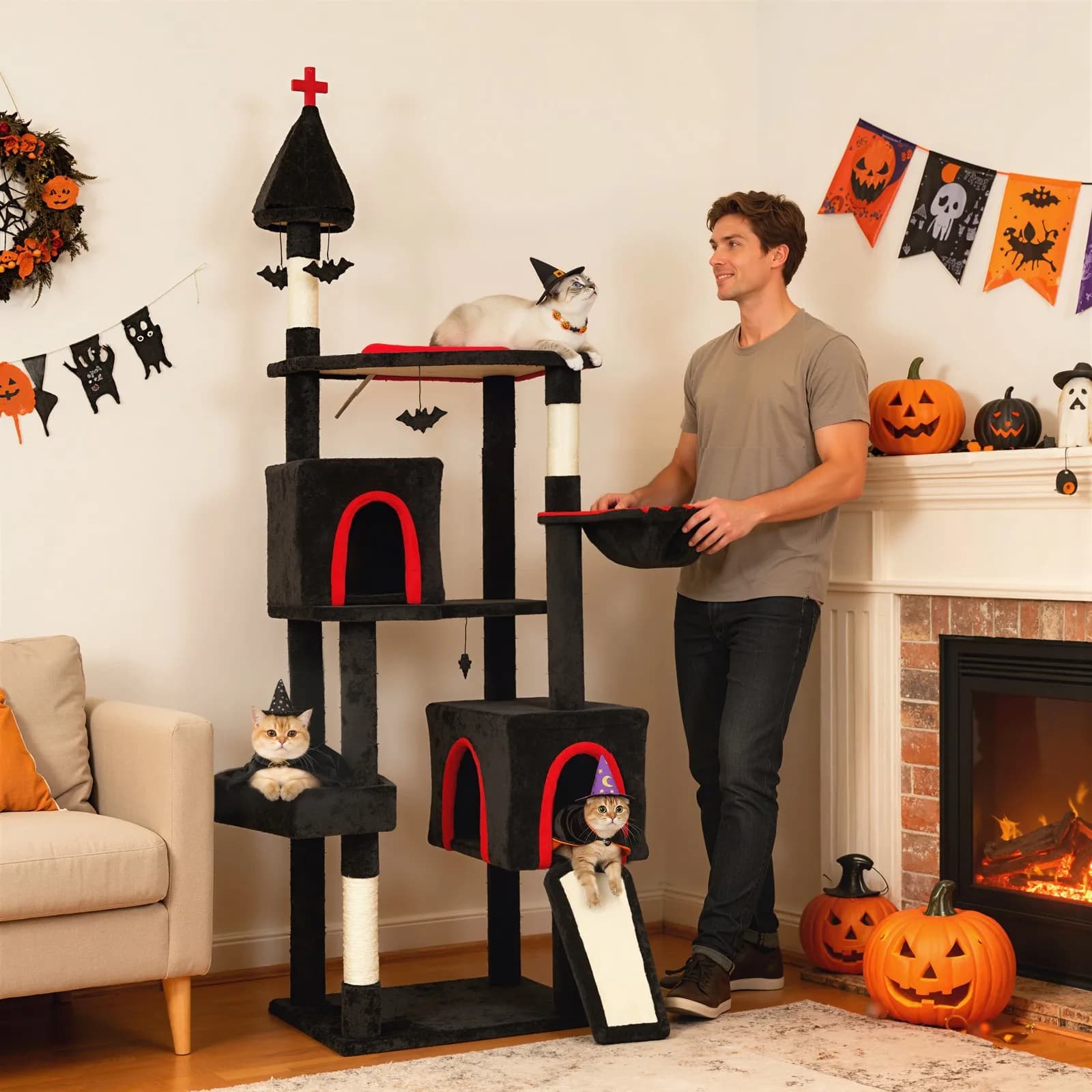 Gothic Cat Tree, 78" Cat Tower with Coffin Bed, Black Halloween