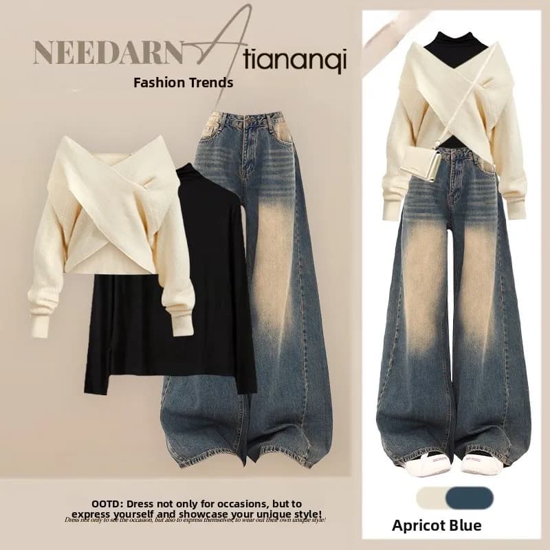 Autumn New Design Knitted Sweater High Ne Base Layer Top Vintage High Street Jeans Tee Piece Set Women's Faion Ensemble