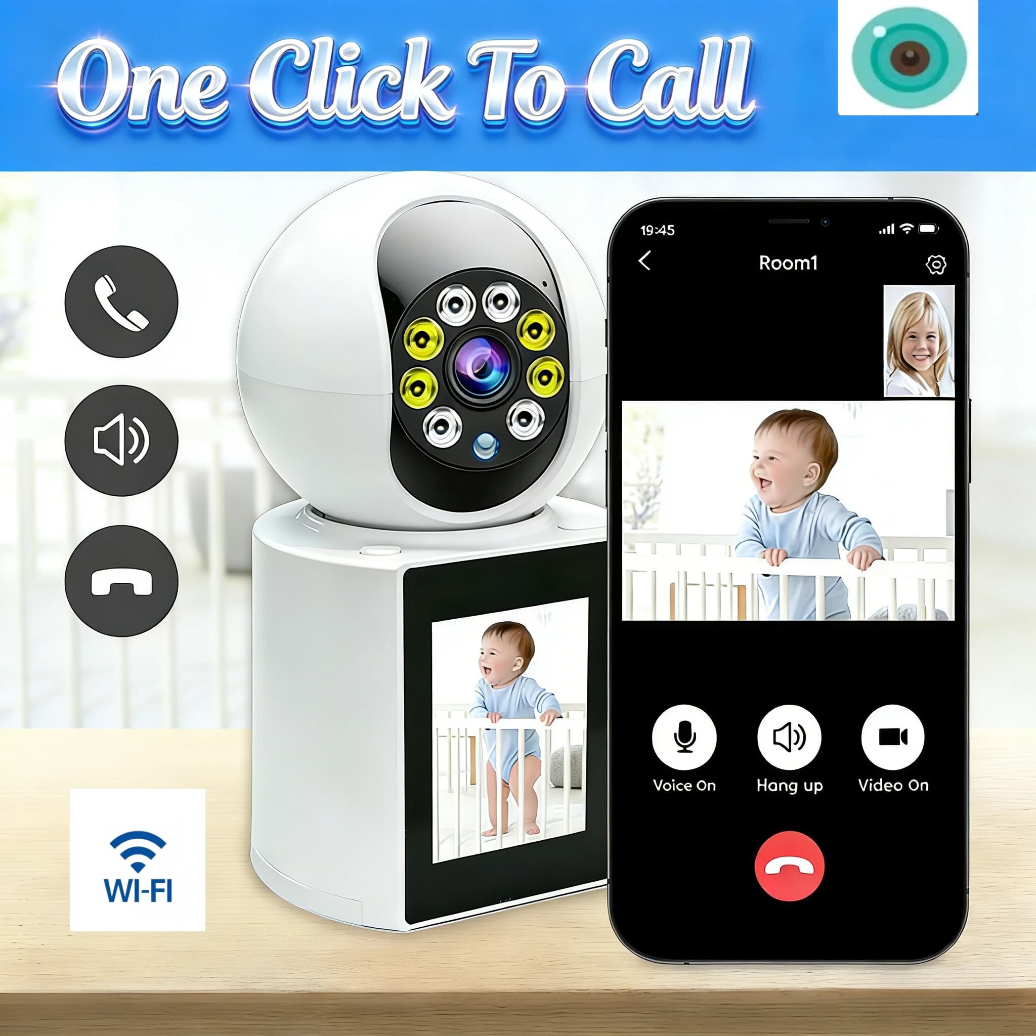 Telecamera Wi-Fi Intelligente ICsee con Videochiamata Bidirezionale, Schermo IPS HD da 2,8 Pollici, Monitor per Bambini, Telecamera di Sorveglianza a 360 Gradi per Interni