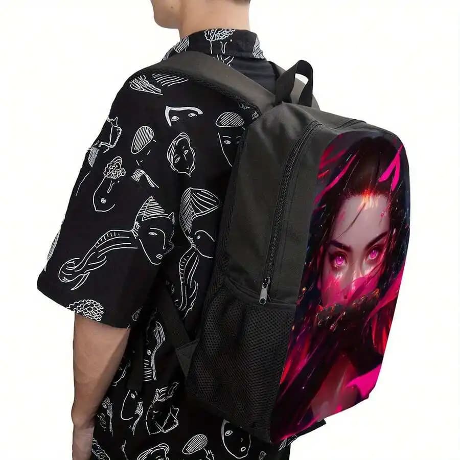 Lightweight Black Printed Backpack With Adjustable Straps Unisex Casual Travel School Bag Zipper Closure