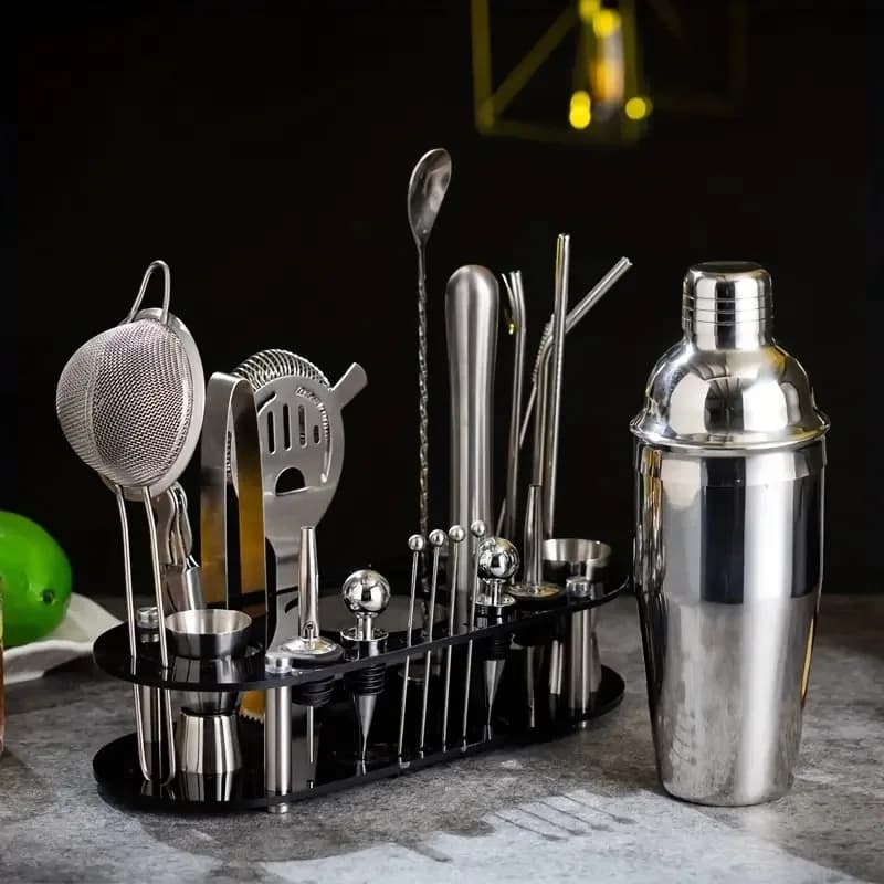 Set da Cocktail 23 Pezzi in Acciaio Inox con Supporto in Acrilico Nero, Kit Completo per Barman, per Uso Domestico e Feste