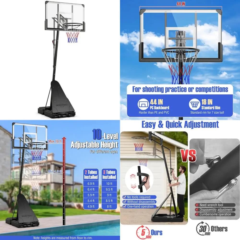 Quickly adjustable outdoor basketball door system - Height from 4.9 to 10 feet, 44 inch unbreakable board, portable field basket
