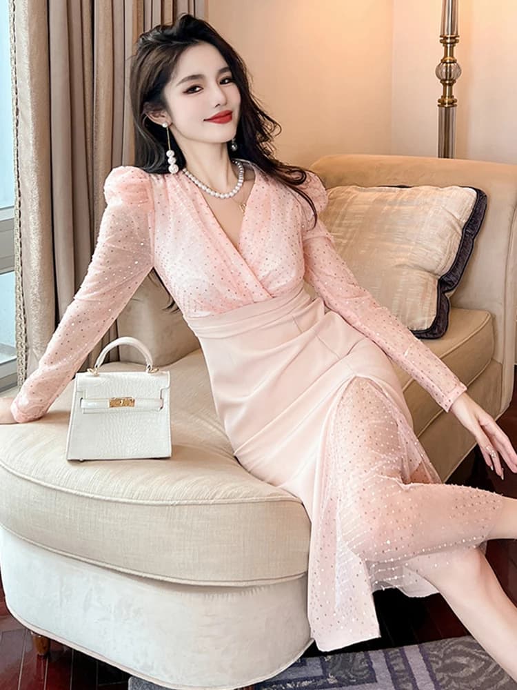 New Chic Pink Paillettes Occasioni formali Abito lungo da sera Donna Abbigliamento da donna Pendolarismo con scollo a V Midi Prom Robe Femme Mujer Abiti