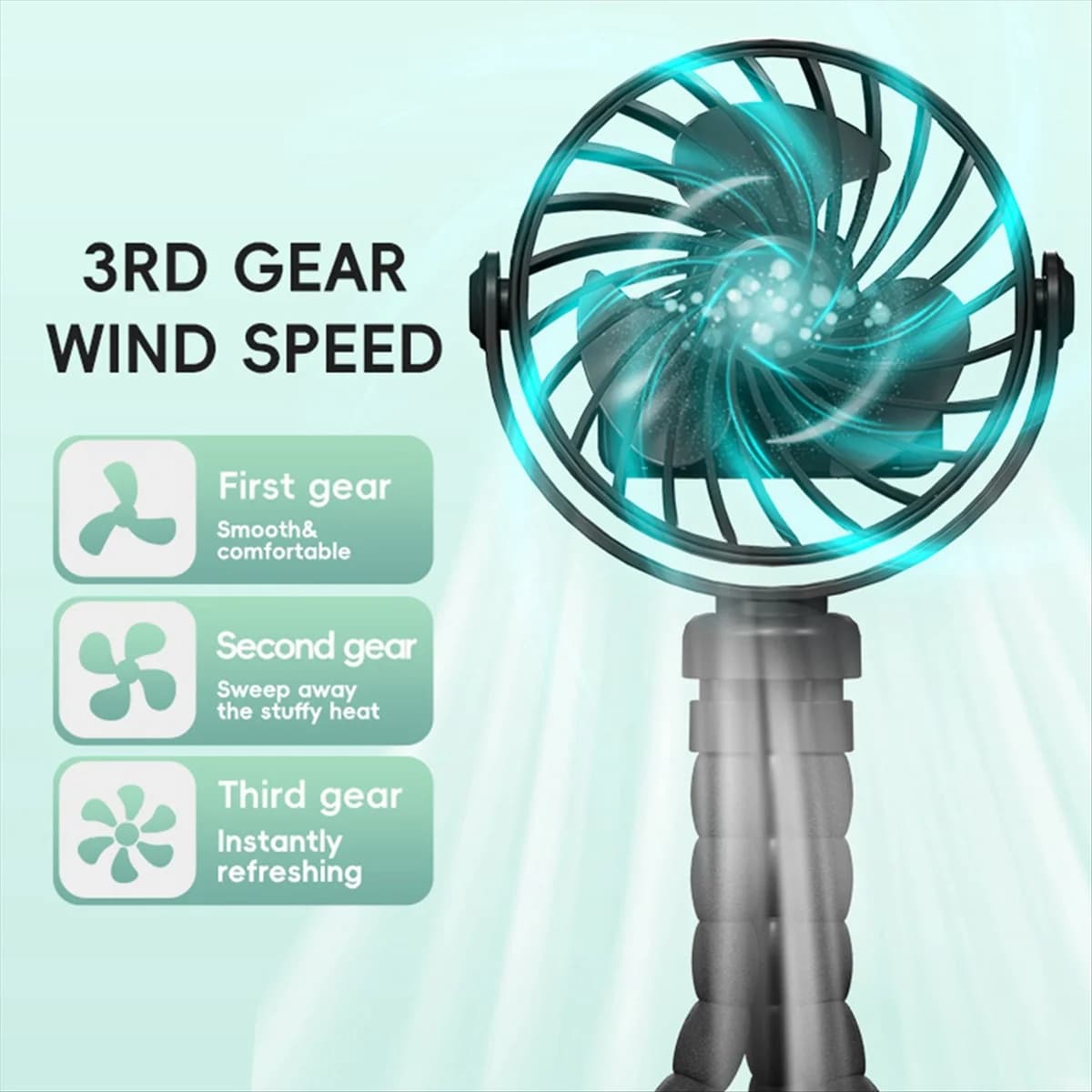 ABJS Octopus Fan Desktop Camping Fan USB Rechargeable Tripod Fan with Light Fan Black