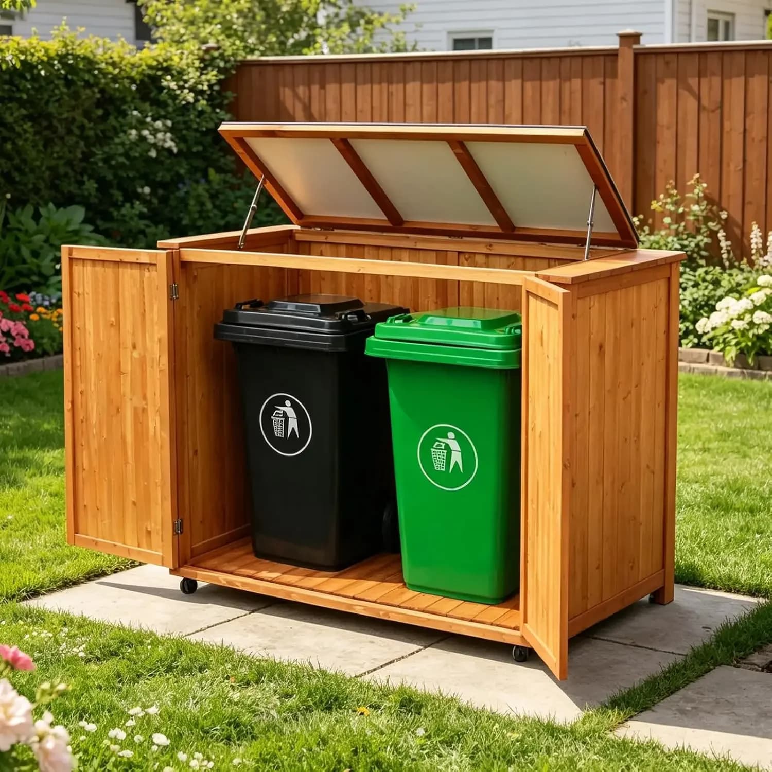 4' x 3.7' Outdoor Trash Can Storage Cabinet, Wooden Outdoor Garbage Shed, Trash Can Cabinet with Lockable Door & Removable Wheel