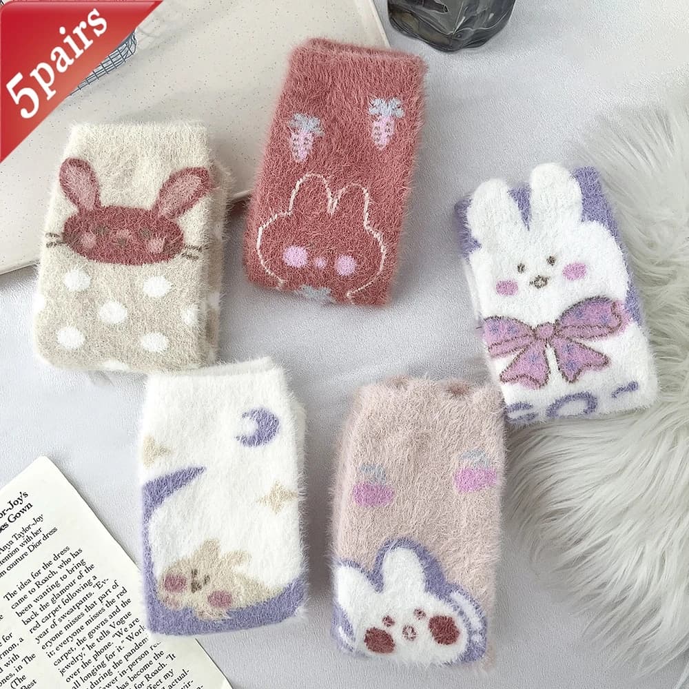 5 Pairs Ladies' Socks Pack Cute Cartoon Patterns Cute Kawaii Japanese Sweet Mink Fur Socks Comfortable Soft Floor Socks For Girl
