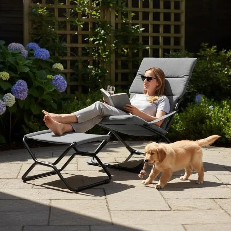 Patio Folding Sling Chair with Ottoman Footrest and Removable Cushion-Gray