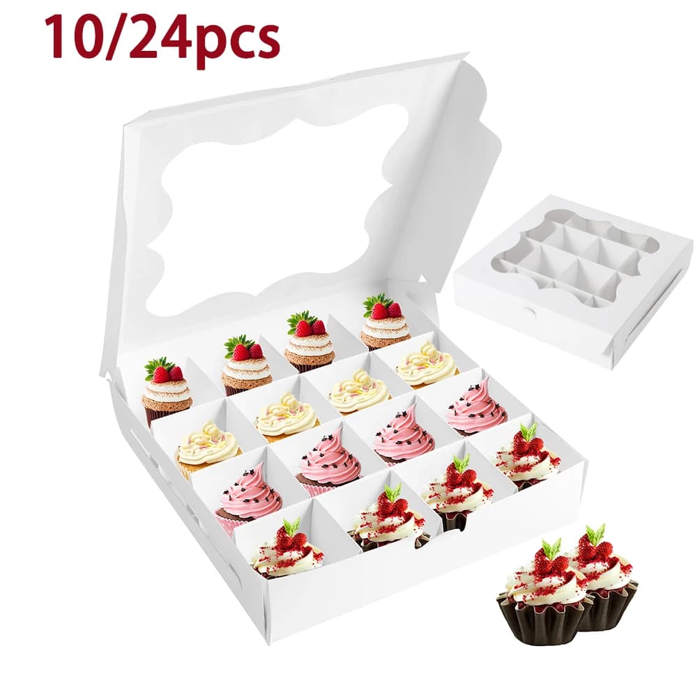 Scatole per torte da 10/24 pezzi Scatola per torta da 16 griglie con finestra trasparente Scatola per torta quadrata in cartone per compleanno, matrimonio, festa di San Valentino