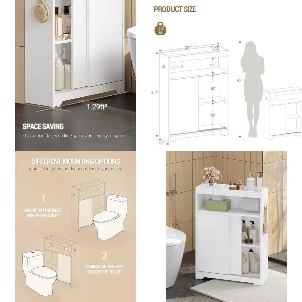Mobiletto da bagno compatto bianco con anta scorrevole e porta carta igienica per piccoli spazi