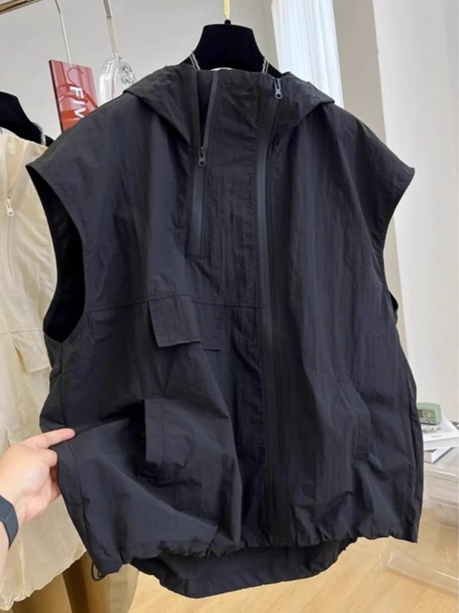 American Style Vintage Sleeveless Hoodie Vest Women Summer Design Thin Loose Workwear Jacket Asymmetrical Zipper Closure
