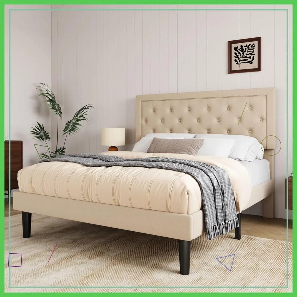 Double bed padded with adjustable headboard, wooden slats and base for mattress, beige color