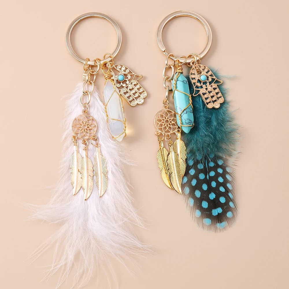 Bohemian tassel Keychain with feathers Woman Girl Keychain with turquoise Pendants for bag decoration Jewellery gifts with hand-made keychain DIY