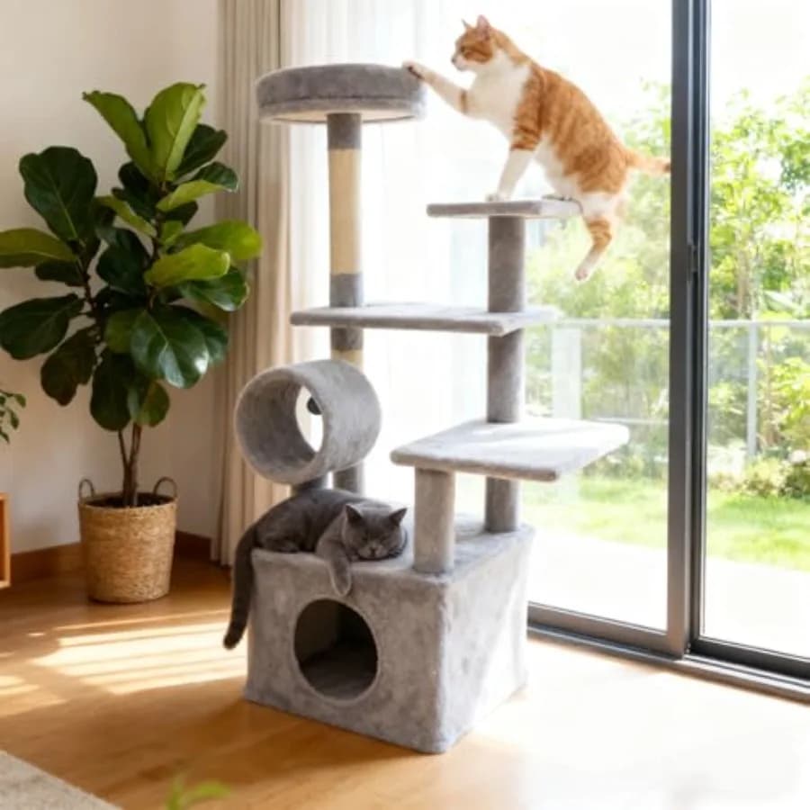 Cat Tree Tower, 48 Inch Multi-Level Cat Tower with Large Condo, Sisal Scratching Post, Padded Top Perch, Tunnel, Hanging Ball,