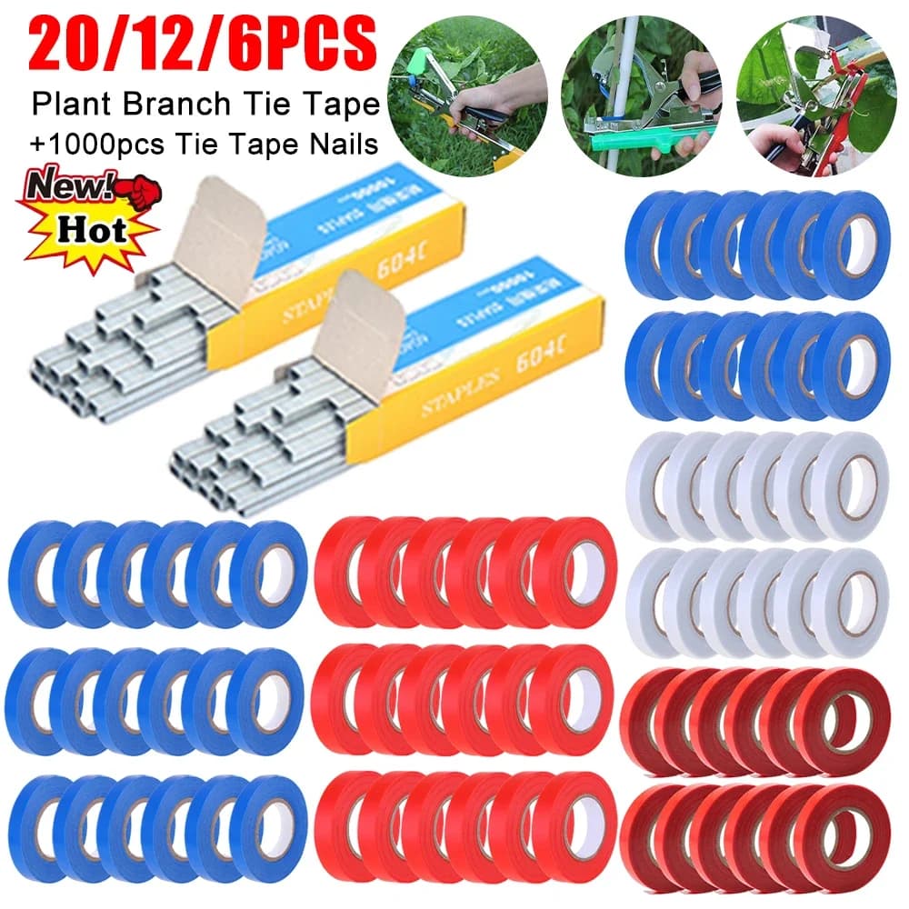6/12/20PCS Plant Branch Tie Tape with 1 Box Staples Tying Binding Tie Tape Plants Tying Tapetool Tapener Tapes Gardening Tool