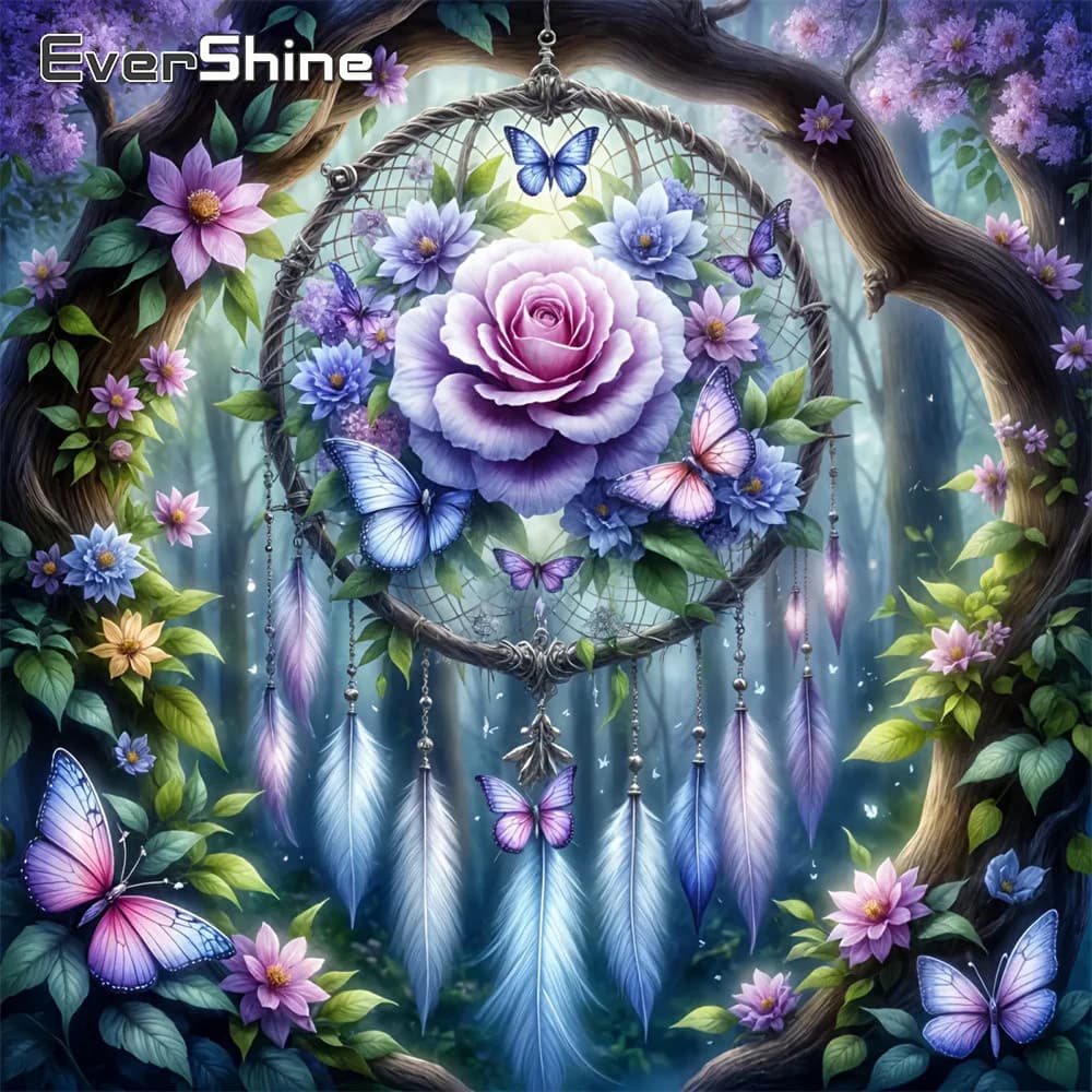 EverShine Diamond Mosaic Paesaggio con Acchiappasogni e Rose, Pittura Diamantata a Quadro Pieno, Ricamo con Strass, Fai da Te, Hobby Artigianale