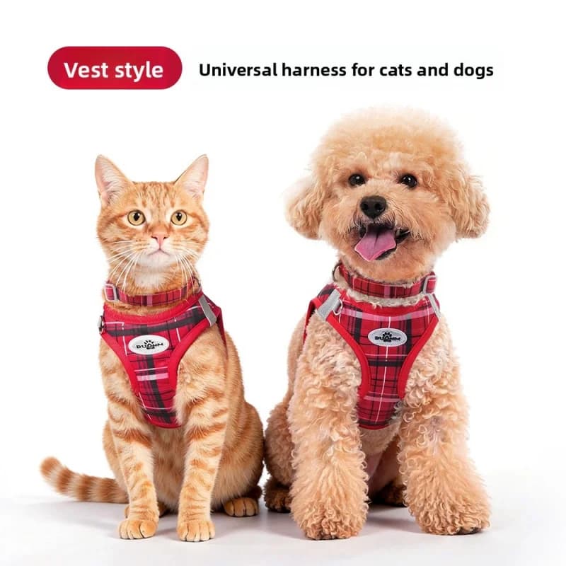 Reflective Plaid Dog Harness and Leash Set - Adjustable Padded No-Pull Vest for Small to Medium Dogs and Cats, Plaid Pet Walking