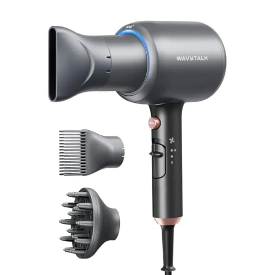 Asciugacapelli per capelli ricci, tecnologia ceramica ionica, grigio, 1875W, asciugatura rapida con diffusore e 3 accessori, leggero e silenzioso